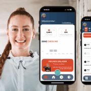 DeinSportApp Bodymedia Header, smiling sporty PEople and App MockUps
