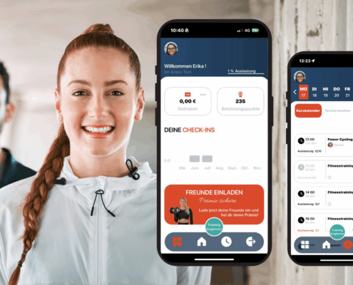 DeinSportApp Bodymedia Header, smiling sporty PEople and App MockUps