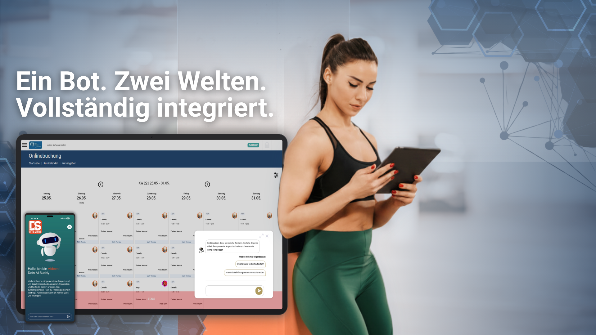 Aidoo KI-Chatbot Aideen im Einsatz – auf dem Tablet im Kundenportal und in der Aidoo App, genutzt von einer Fitness-Trainerin