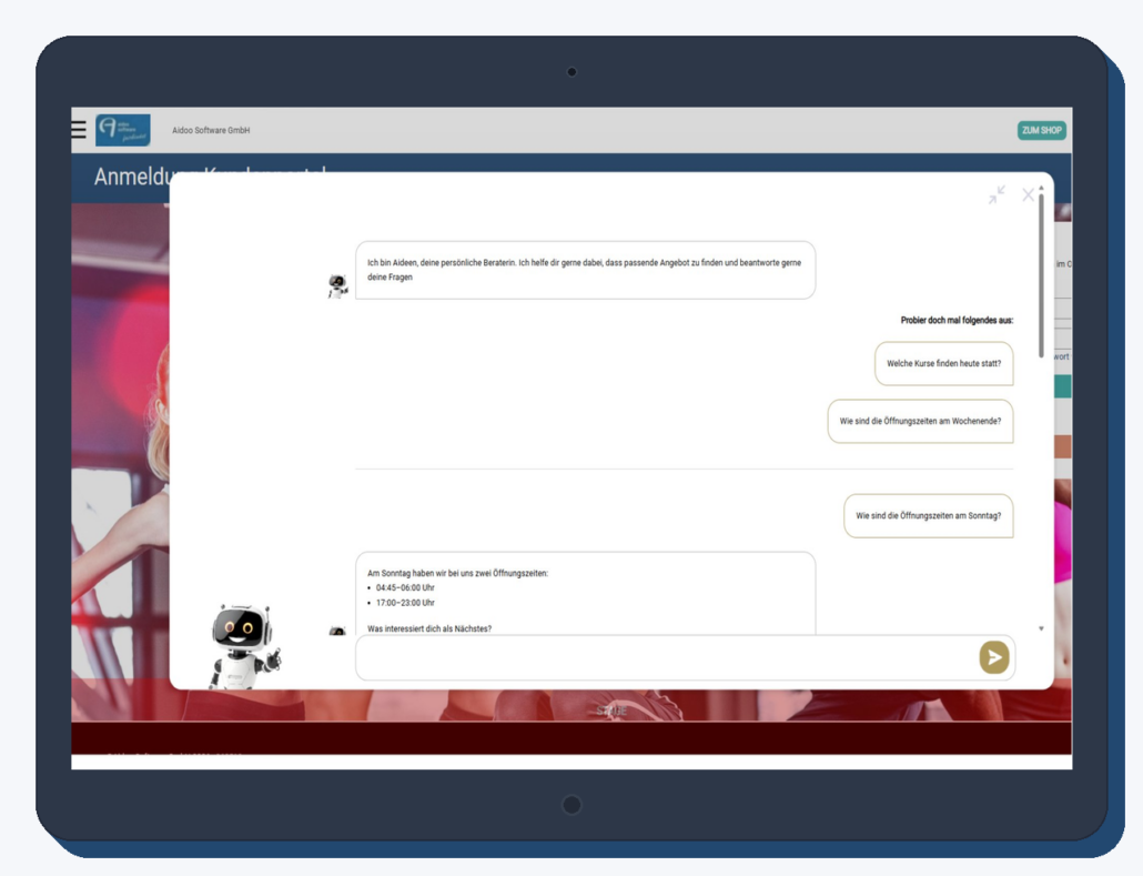 Aidoo KI-Chatbot Aideen beantwortet Fragen zu Öffnungszeiten in Echtzeit