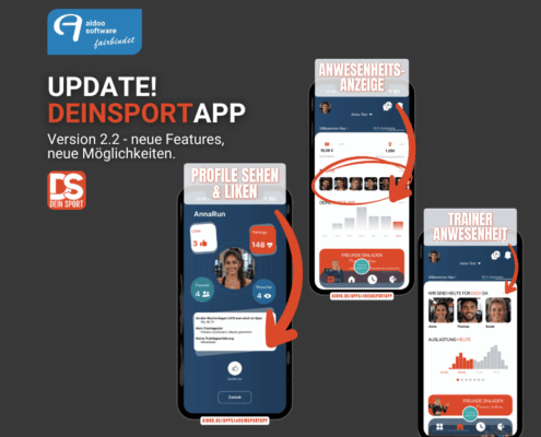 DeinSportApp Update 2.2 – Screenshots der neuen Features: Profile sehen und liken, Anwesenheitsanzeige der Mitglieder und Trainer-Anwesenheit auf der Studioseite.